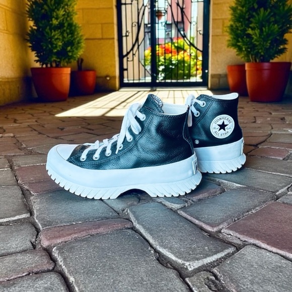 Converse All Star Black and White High-Top Platform Sneakers, Leather Upper. - Picture 7 of 11